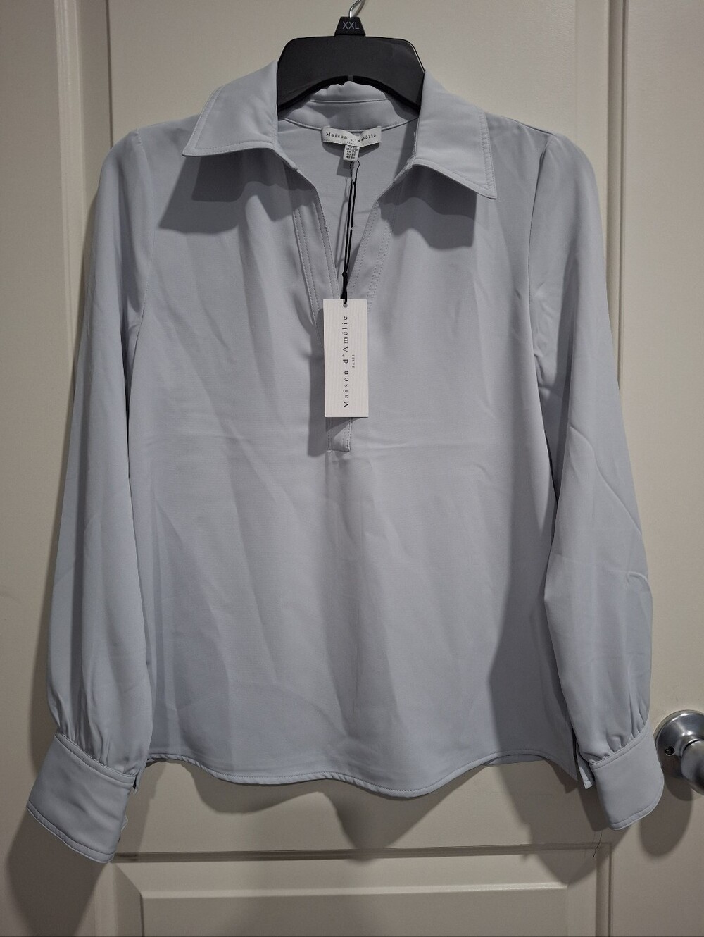 Maison D Amelie Pale Blue Long Sleeve V-Neck Blouse Size XS NWT